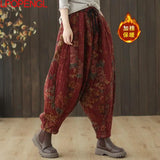 GETADME 에스닉 스타일 레트로 프린트 스티치 코튼 리넨 팬츠 여성 가을 ​​겨울 루즈 드로스트링 따뜻한 스트레이트 하렘 팬츠