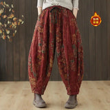 GETADME 에스닉 스타일 레트로 프린트 스티치 코튼 리넨 팬츠 여성 가을 ​​겨울 루즈 드로스트링 따뜻한 스트레이트 하렘 팬츠