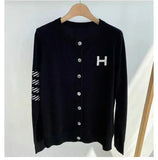 GETADME Europe station cashmere cardigan women's loose H-letter jacquard thin knitted jacket sweater slim round neck sweater