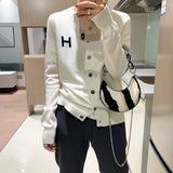 GETADME Europe station cashmere cardigan women's loose H-letter jacquard thin knitted jacket sweater slim round neck sweater