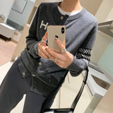 GETADME Europe station cashmere cardigan women's loose H-letter jacquard thin knitted jacket sweater slim round neck sweater