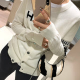 GETADME Europe station cashmere cardigan women's loose H-letter jacquard thin knitted jacket sweater slim round neck sweater