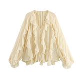 GETADME European And American Style 2025 Spring New Women's Retro Loose Casual Simple V-neck Layered Decorative Shirt