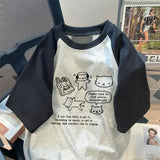 GETADME 유럽 및 미국 만화 그래피티 프린팅 반팔 남녀 한국 스타일 타이드 브랜드 여름 루즈 라운드넥 탑