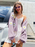 GETADME European and American women's autumn new sweet flower pattern sweater cardigan loose short knitted women's sweater jacket