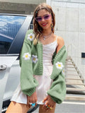 GETADME European and American women's autumn new sweet flower pattern sweater cardigan loose short knitted women's sweater jacket