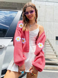 GETADME European and American women's autumn new sweet flower pattern sweater cardigan loose short knitted women's sweater jacket