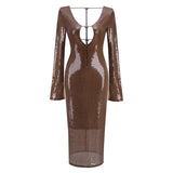 GETADME Evening Dress women Elegant Sequins Deep V Long Sleeves Midi Dress Sexy Luxury Backless Lace Up Ankle Length Bandage Party Gown