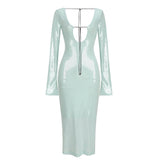 GETADME Evening Dress women Elegant Sequins Deep V Long Sleeves Midi Dress Sexy Luxury Backless Lace Up Ankle Length Bandage Party Gown