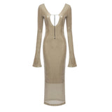 GETADME Evening Dress women Elegant Sequins Deep V Long Sleeves Midi Dress Sexy Luxury Backless Lace Up Ankle Length Bandage Party Gown