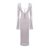 GETADME Evening Dress women Elegant Sequins Deep V Long Sleeves Midi Dress Sexy Luxury Backless Lace Up Ankle Length Bandage Party Gown