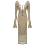 GETADME Evening Dress women Elegant Sequins Deep V Long Sleeves Midi Dress Sexy Luxury Backless Lace Up Ankle Length Bandage Party Gown