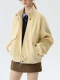 GETADME FSLE Women Thicken Short Jackets 2.8% Wool Female Stand Collar Yellow Casual Coat Winter Warm Women Drop Sleeve Jacket 24FS14714