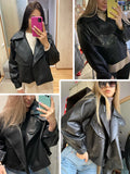 GETADME FTLZZ New Spring Women Faux Leather Jacket Biker Red White Coat Turndown Collar PU Motorcycle Jackets Loose Streetwear Outerwear