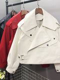 GETADME FTLZZ New Spring Women Faux Leather Jacket Biker Red White Coat Turndown Collar PU Motorcycle Jackets Loose Streetwear Outerwear