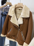 GETADME FTLZZ New Winter Women Female Fur Leather JacketFaux Lamb Leather Jacket Aviator Jacket Thick Faux Leather Fur Sheepskin Coat