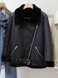 GETADME FTLZZ New Winter Women Female Fur Leather JacketFaux Lamb Leather Jacket Aviator Jacket Thick Faux Leather Fur Sheepskin Coat