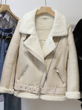 GETADME FTLZZ New Winter Women Female Fur Leather JacketFaux Lamb Leather Jacket Aviator Jacket Thick Faux Leather Fur Sheepskin Coat