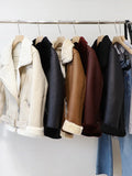 GETADME FTLZZ New Winter Women Female Fur Leather JacketFaux Lamb Leather Jacket Aviator Jacket Thick Faux Leather Fur Sheepskin Coat