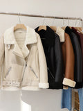 GETADME FTLZZ New Winter Women Female Fur Leather JacketFaux Lamb Leather Jacket Aviator Jacket Thick Faux Leather Fur Sheepskin Coat