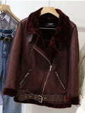 GETADME FTLZZ New Winter Women Female Fur Leather JacketFaux Lamb Leather Jacket Aviator Jacket Thick Faux Leather Fur Sheepskin Coat