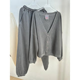 Getadme 페이디드 이펙트 캐주얼 스웨트셔츠와 스웨트팬츠 2종 세트 여성 V넥 루즈 베이직 카디건 코트 드로스트링 스포티 조거 팬츠