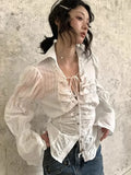 GETADME Fairycore Style Blouse Women Clothes Flare Sleeve Lace Up Single Breasted Bowknot Shirt  Tops 2025 Autumn Chic Y2k