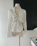 GETADME Fairycore Style Blouse Women Clothes Flare Sleeve Lace Up Single Breasted Bowknot Shirt  Tops 2025 Autumn Chic Y2k