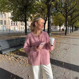 GETADME Fall 2025 Luxury Clothes Womens Sweaters Long Sleeve Top Solid Loose Casual Sweater Vest Cable Knit Sweater Pink Cardigans Y2k