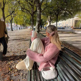 GETADME Fall 2025 Luxury Clothes Womens Sweaters Long Sleeve Top Solid Loose Casual Sweater Vest Cable Knit Sweater Pink Cardigans Y2k