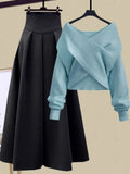 GETADME Fall Winter Two Piece Sets For Women Outfits Office Ladies Elegant Cross Knitwears Pullover Sweater And High Waist Skirts Sets