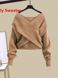 GETADME Fall Winter Two Piece Sets For Women Outfits Office Ladies Elegant Cross Knitwears Pullover Sweater And High Waist Skirts Sets