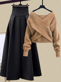 GETADME Fall Winter Two Piece Sets For Women Outfits Office Ladies Elegant Cross Knitwears Pullover Sweater And High Waist Skirts Sets