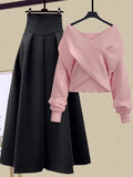 GETADME Fall Winter Two Piece Sets For Women Outfits Office Ladies Elegant Cross Knitwears Pullover Sweater And High Waist Skirts Sets