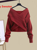 GETADME Fall Winter Two Piece Sets For Women Outfits Office Ladies Elegant Cross Knitwears Pullover Sweater And High Waist Skirts Sets