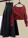 GETADME Fall Winter Two Piece Sets For Women Outfits Office Ladies Elegant Cross Knitwears Pullover Sweater And High Waist Skirts Sets