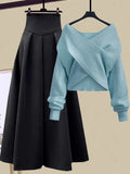 GETADME Fall Winter Two Piece Sets For Women Outfits Office Ladies Elegant Cross Knitwears Pullover Sweater And High Waist Skirts Sets