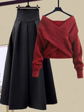 GETADME Fall Winter Two Piece Sets For Women Outfits Office Ladies Elegant Cross Knitwears Pullover Sweater And High Waist Skirts Sets