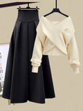 GETADME Fall Winter Two Piece Sets For Women Outfits Office Ladies Elegant Cross Knitwears Pullover Sweater And High Waist Skirts Sets