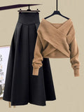 GETADME Fall Winter Two Piece Sets For Women Outfits Office Ladies Elegant Cross Knitwears Pullover Sweater And High Waist Skirts Sets