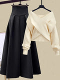 GETADME Fall Winter Two Piece Sets For Women Outfits Office Ladies Elegant Cross Knitwears Pullover Sweater And High Waist Skirts Sets