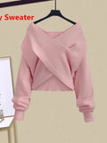 GETADME Fall Winter Two Piece Sets For Women Outfits Office Ladies Elegant Cross Knitwears Pullover Sweater And High Waist Skirts Sets