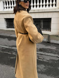 GETADME Fall Winter Woman Solid Color Lapel Long Woolen Jacket Fashion Double Breasted Full Sleeves Casual Overcoat New Commuter Coat
