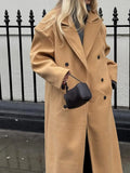 GETADME Fall Winter Woman Solid Color Lapel Long Woolen Jacket Fashion Double Breasted Full Sleeves Casual Overcoat New Commuter Coat