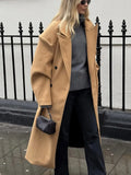 GETADME Fall Winter Woman Solid Color Lapel Long Woolen Jacket Fashion Double Breasted Full Sleeves Casual Overcoat New Commuter Coat