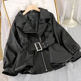 GETADME Fall Women Leather Short Jacket Turn-Down Collar Korean Style Fashion Faux Leather PU Coat with Belt Slim Outwear Full