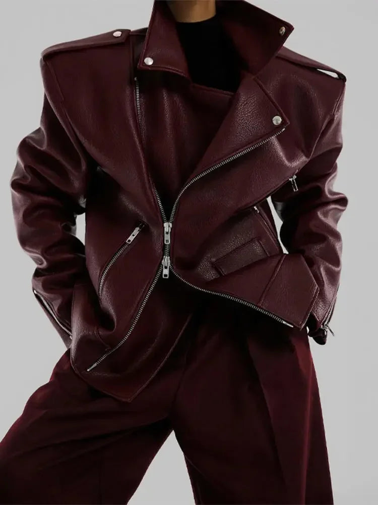 GETADME Fashion Collar Long Sleeved Zipper Women's Leather Jacket Vintage Pocket Loose Solid Color Coat Autumn Female New Street Outwear