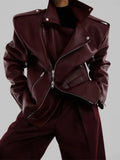GETADME Fashion Collar Long Sleeved Zipper Women's Leather Jacket Vintage Pocket Loose Solid Color Coat Autumn Female New Street Outwear
