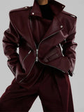 GETADME Fashion Collar Long Sleeved Zipper Women's Leather Jacket Vintage Pocket Loose Solid Color Coat Autumn Female New Street Outwear