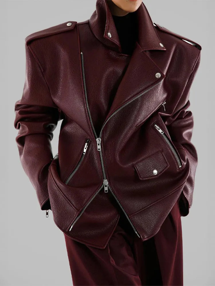 GETADME Fashion Collar Long Sleeved Zipper Women's Leather Jacket Vintage Pocket Loose Solid Color Coat Autumn Female New Street Outwear